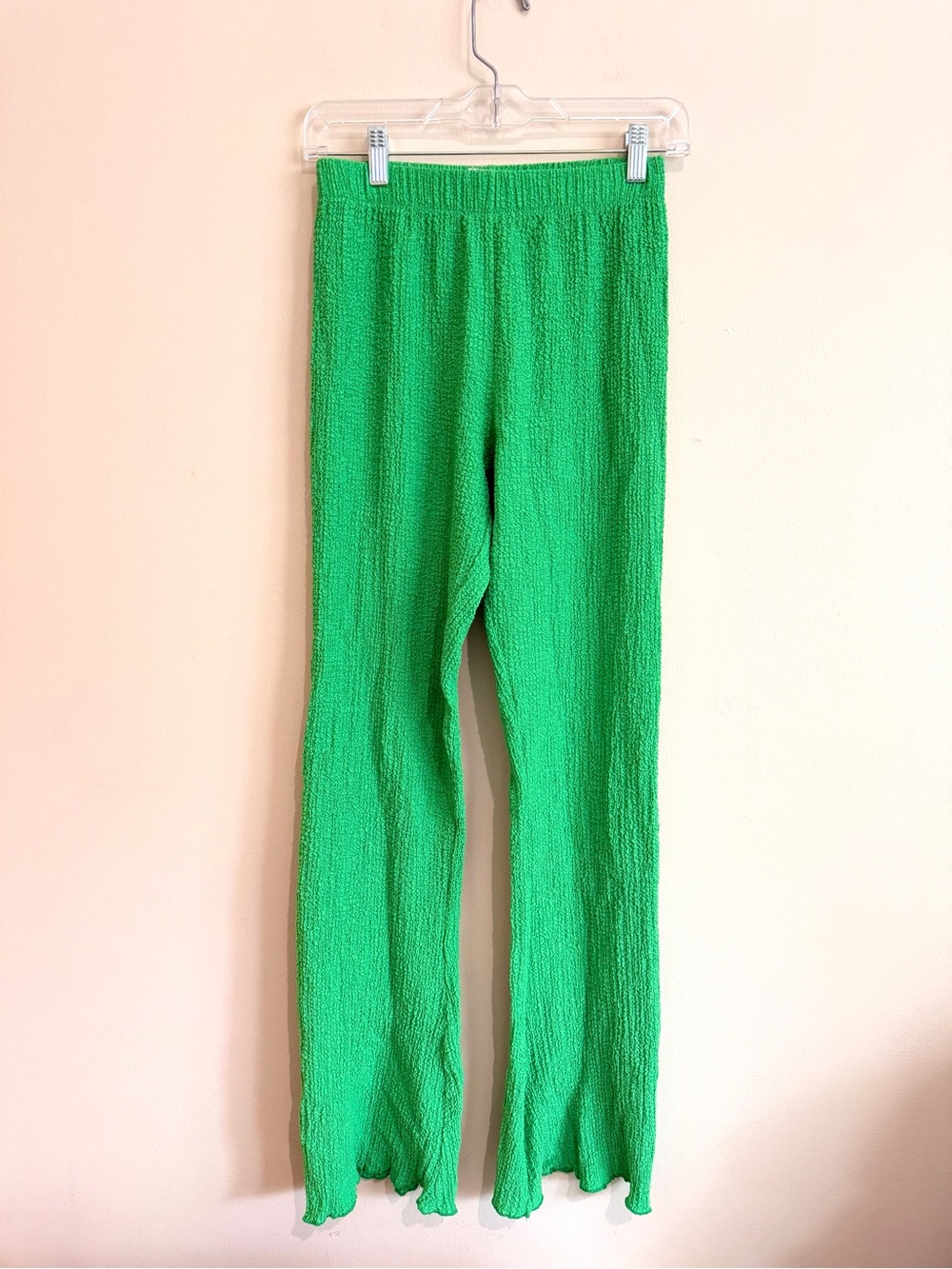 Zara Bright Green Stretch Textured High Rise Pull On Flare Pants Size Small